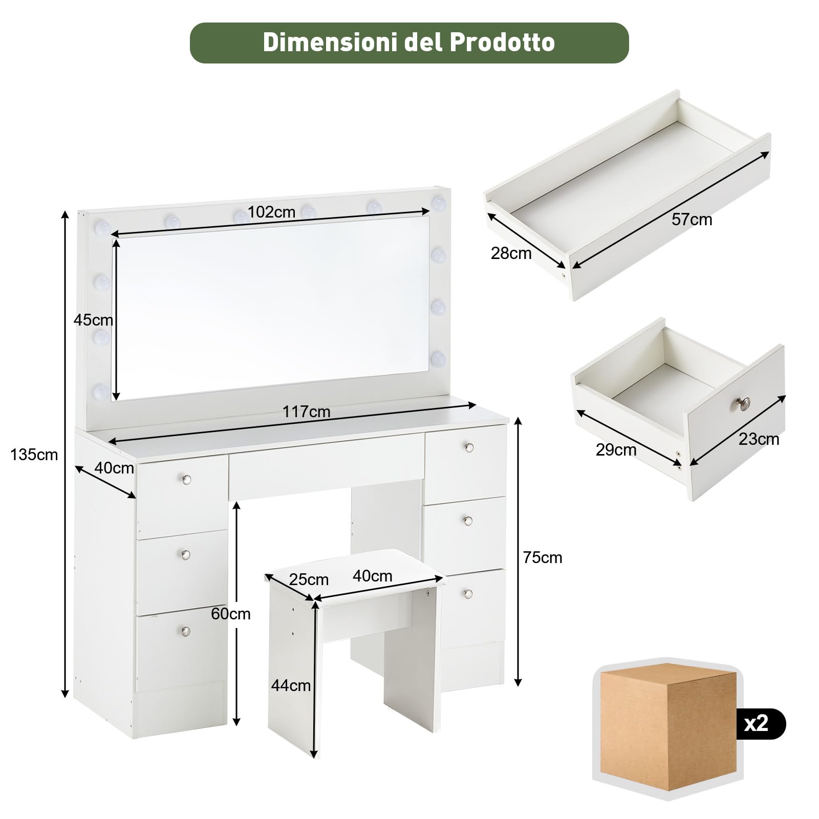 LEMROE Toletta da Trucco con Luci LED e Specchio Grande, Luminosità Regolabile, Postazione Trucco con Luci, Toeletta da Trucco con sgabell, 7 Cassetti