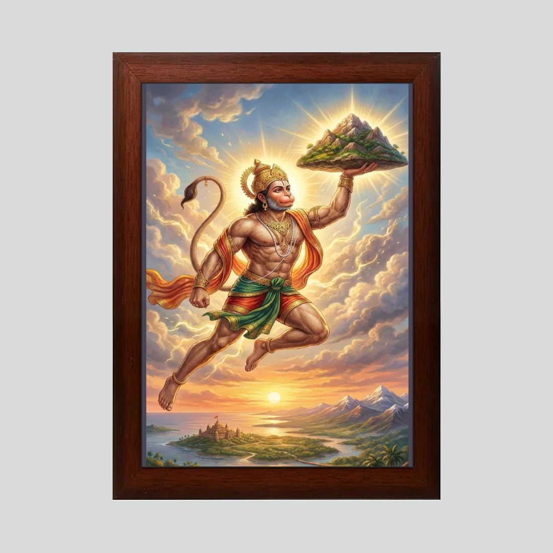 Hanuman Carrying the Sanjeevani Mountain Wall Art | Brown Frame | 10 x 13.5 Inch-image-30
