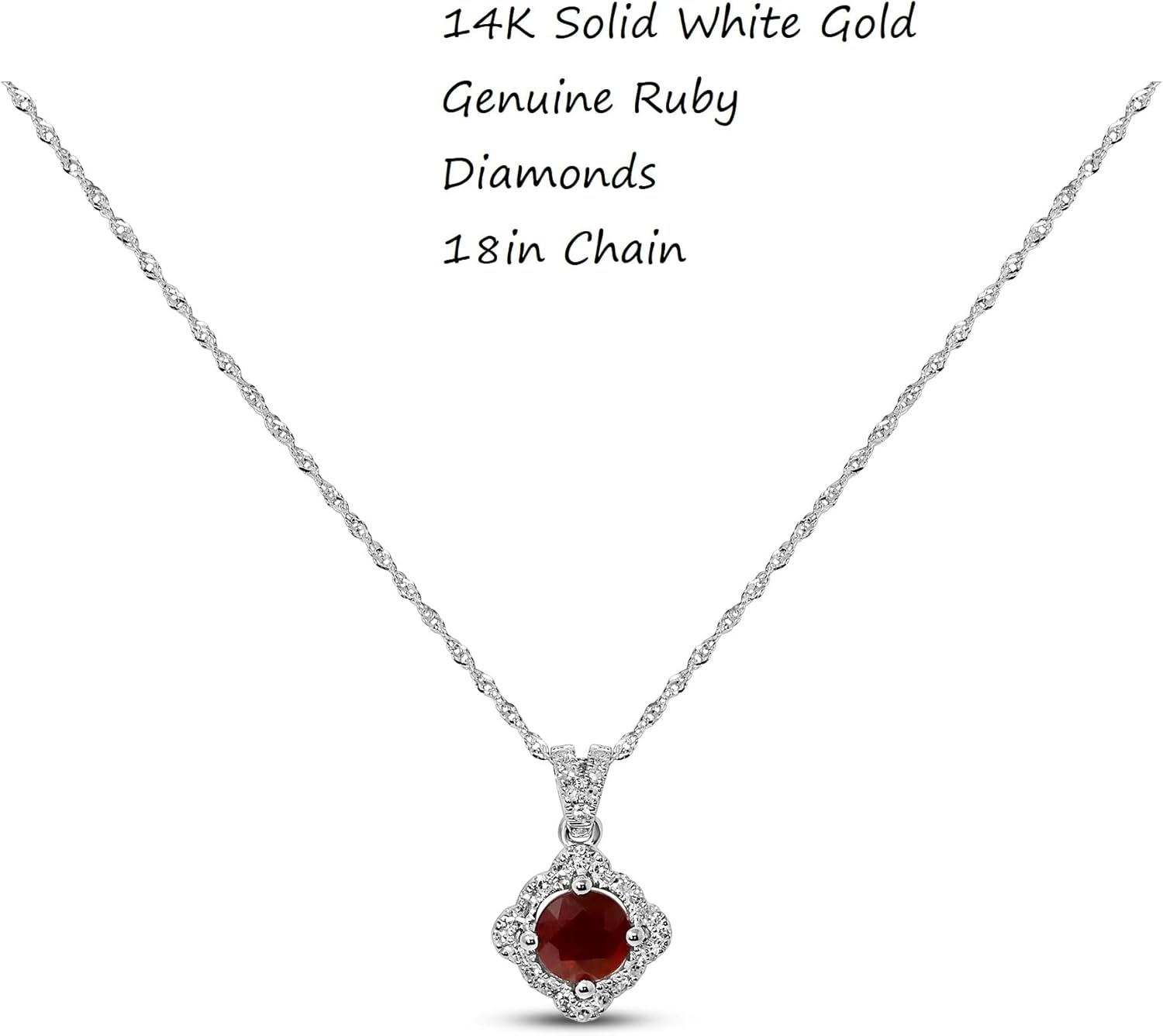 14K White Gold Genuine Ruby 7/8 Ct Round 5.5 mm Pendant Necklace with Diamonds - Image 3