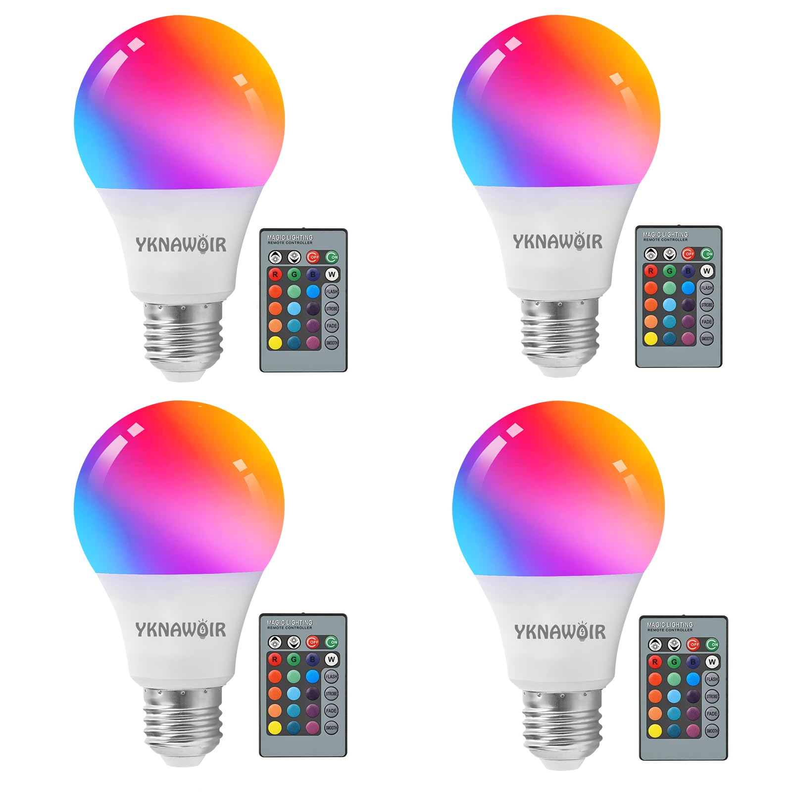 RGB Color Changing Light Bulb with Remote Control, RGBW LED Light Bulb A19 E27/E26 6500K White 9W 16 Color Choices Multicolor Dimmable Flood Light Bulbs for Party Bedroom Home - 4 Pack