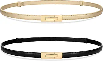 SANSTHS 2 Pack Thin Ladies Waist Belt for Dresses Jeans Pants, Skinny Womens Belt with Antique Gold Buckle