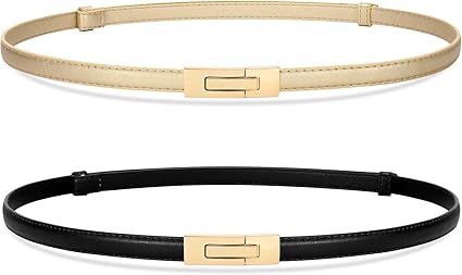 SANSTHS 2 Pack Thin Ladies Waist Belt for Dresses Jeans Pants, Skinny Womens Belt with Antique Gold Buckle