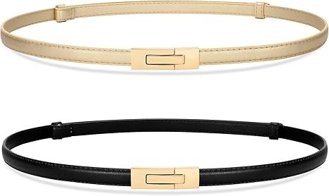 SANSTHS 2 Pack Thin Ladies Waist Belt for Dresses Jeans Pants, Skinny Womens Belt with Antique Gold Buckle