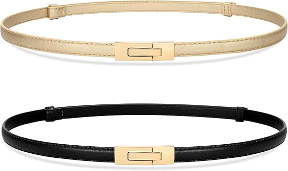 SANSTHS 2 Pack Thin Ladies Waist Belt for Dresses Jeans Pants, Skinny Womens Belt with Antique Gold Buckle