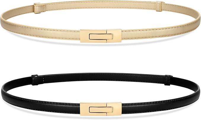 SANSTHS 2 Pack Thin Ladies Waist Belt for Dresses Jeans Pants, Skinny Womens Belt with Antique Gold Buckle