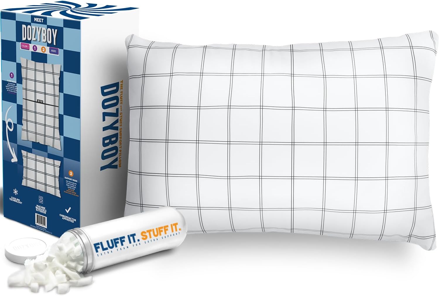 Fluff and Stuff Comfort Pillow | Queen Size Memory Foam Pillows, Chiropractor Designed and Approved 2-in-1 Back Support and Bed Pillows | Fully Adjustable Pillow (Checker, Queen (Pack of 1)) Checker Queen (Pack of 1)
