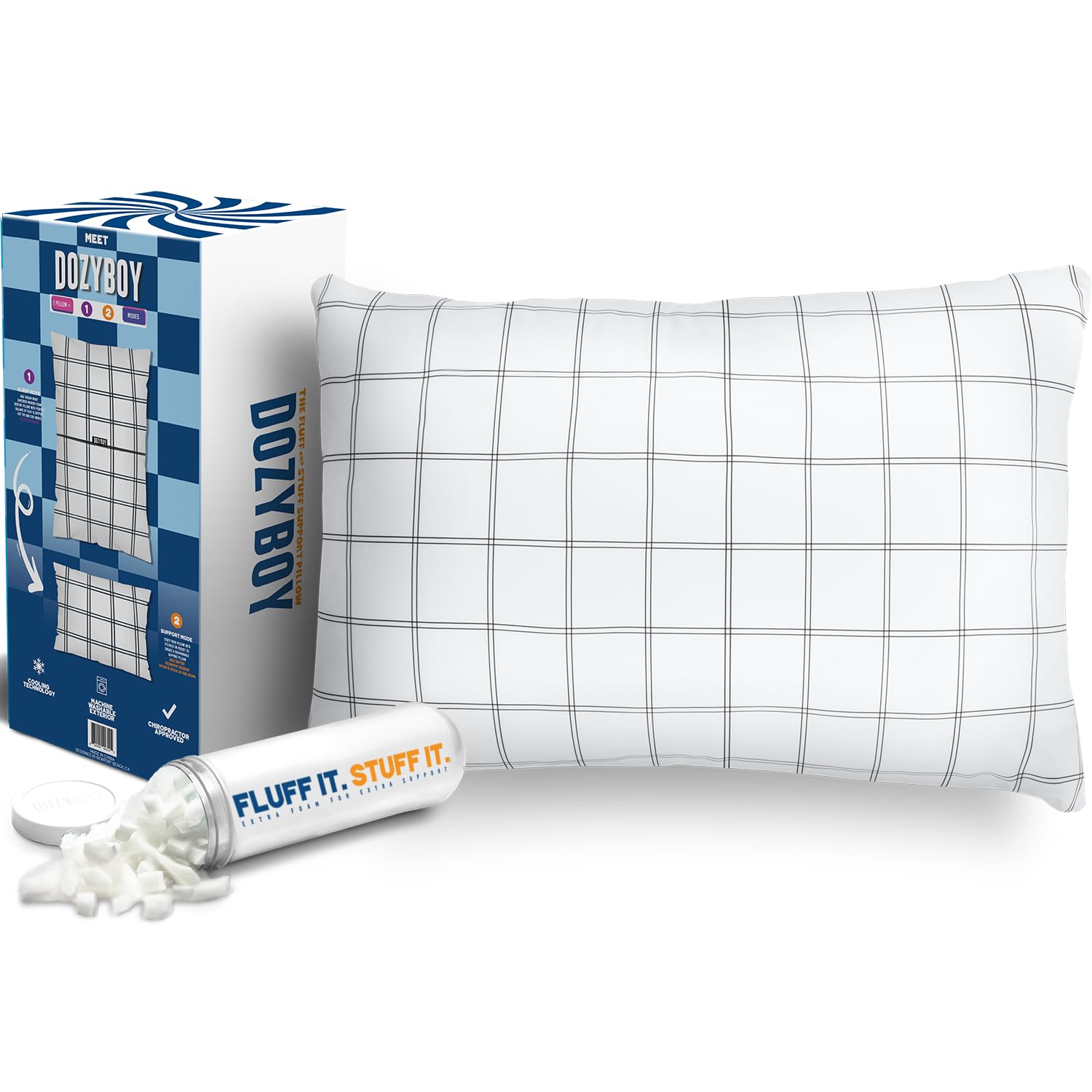 Photo 1 of **FACTORY SEALED** DozyBoy Fluff and Stuff Comfort Pillow | Queen Size Memory Foam Pillows, Chiropractor Designed and Approved 2-in-1 Back Support and Bed Pillows | Fully Adjustable Pillow (Checker, Queen (Pack of 1))