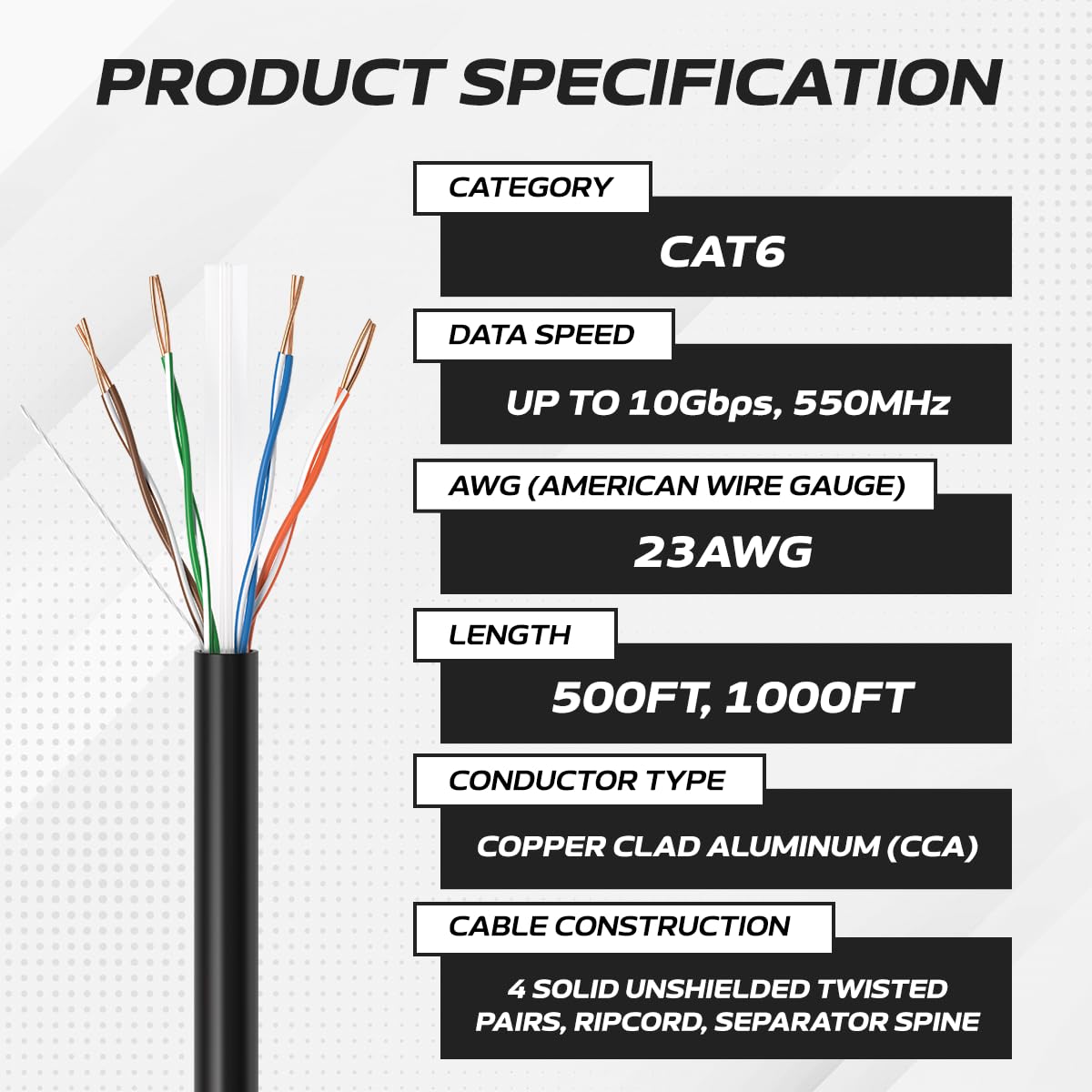 Cables Direct Online Cable sólido CAT6 de 304,8 m, 550 MHz, Ethernet LAN, UTP, 23 AWG, RJ45, color negro