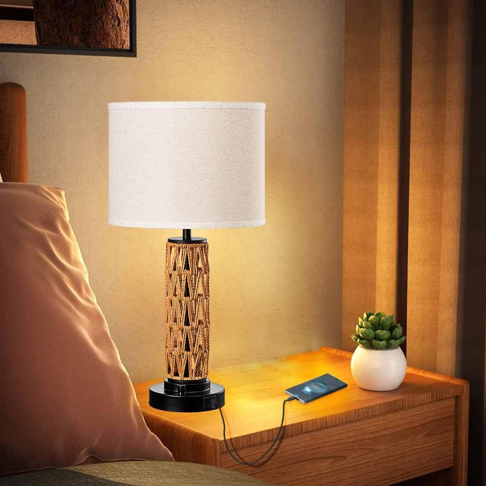 Desk Lamps, Rattan Table Lamp with USB Ports, Dimmable Bedside Lamp, 21.6 inch Height, White Shade