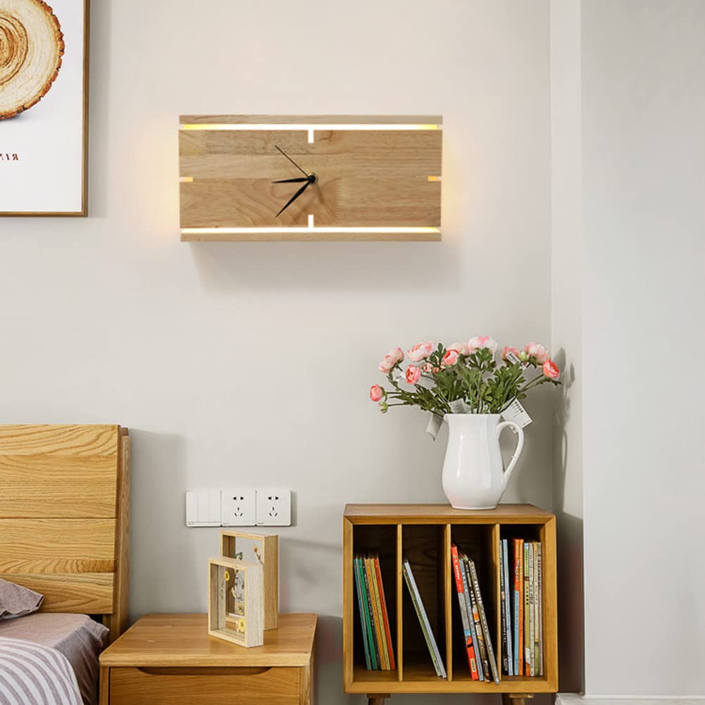 Horloge Murale rectangulaire en Bois LED 8W, Style Moderne, pour Chambre, Salon, Couloir, éclairage d'ambiance 4000K