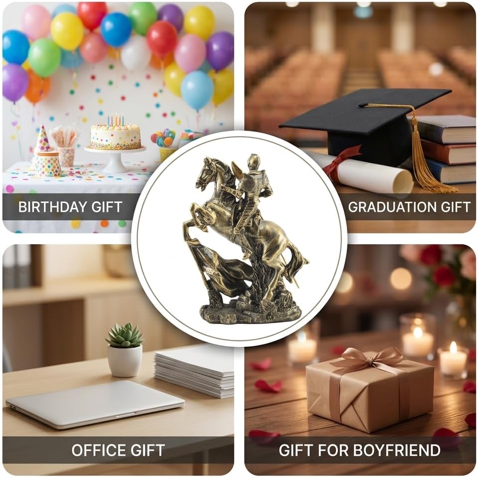 Knight Statue -11.4" Gold Knight Figurine, Medieval Templar with Spear on Charging Horse, Mens Home, Office, Living Room Decor Sculpture