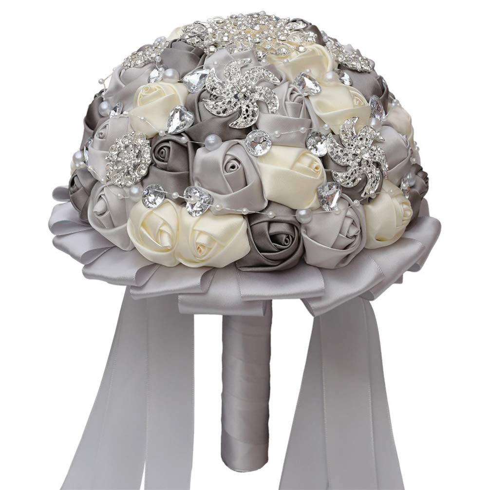Vosarea Silver Bride Wedding Bouquet Ribbon And Rhinestone Bridal Bouquet