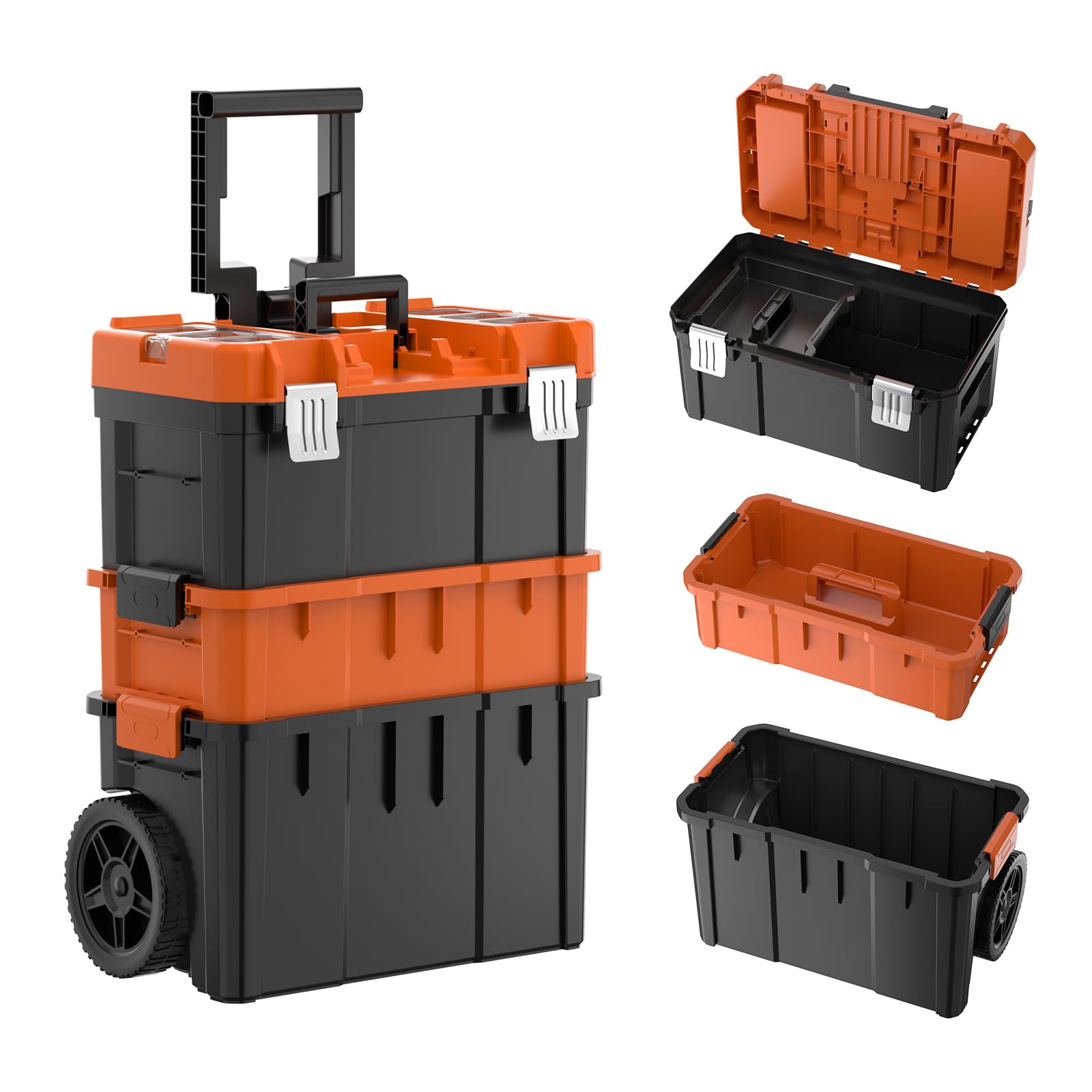 AIRAJ Rolling Tool Box with Wheels, 3 Tier Stackable Tool Box Organizer | Modular Tool St…