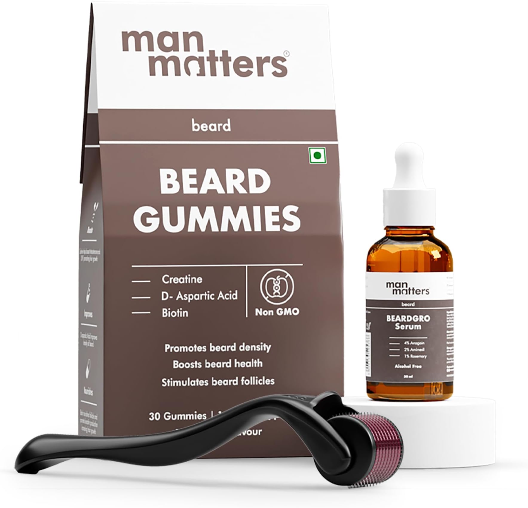 Ultimate Beard Growth Kit With Beard Serum, Beard Gummies & Advance Derma Roller | With 4% Anagain, 1% Rosemary, Biotin | For Beard Growth & Nourishment | SLS & Alcohol Free, 100% Vegan