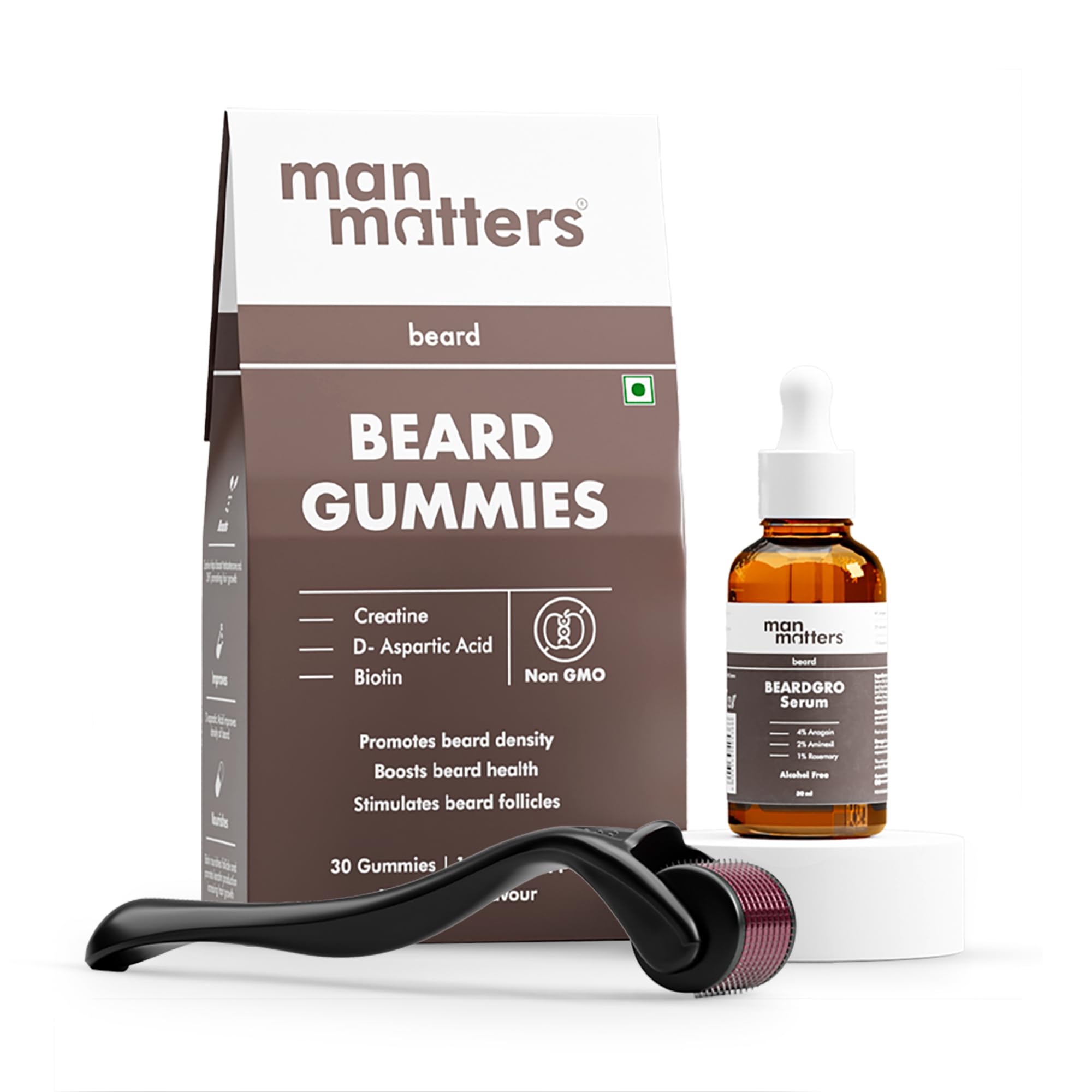 Ultimate Beard Growth Kit With Beard Serum, Beard Gummies & Advance Derma Roller | With 4% Anagain, 1% Rosemary, Biotin | For Beard Growth & Nourishment | SLS & Alcohol Free, 100% Vegan