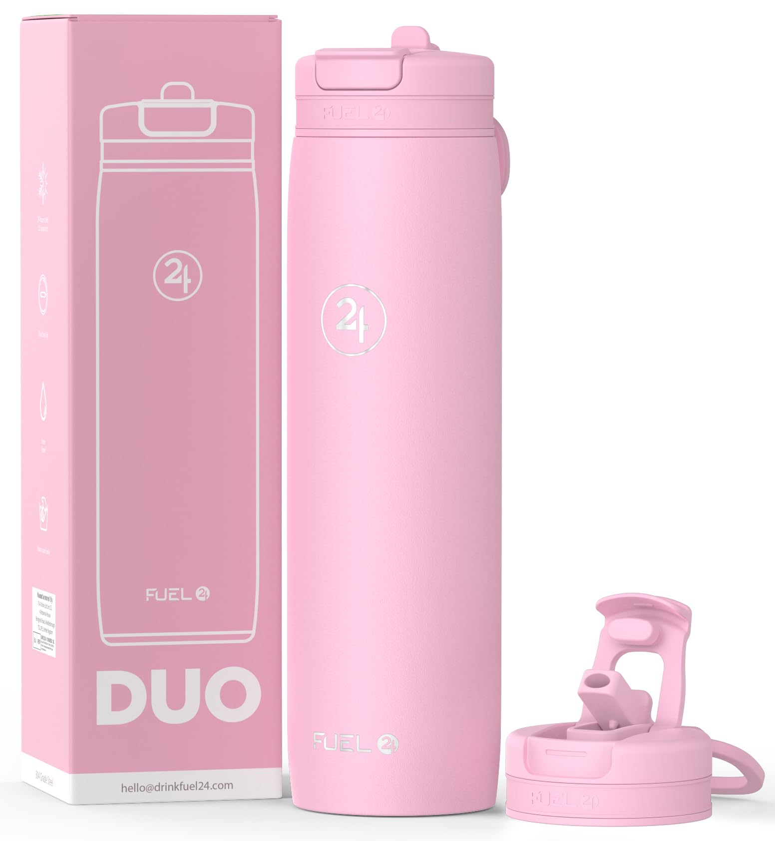 Fuel24 Duo - Stainless Steel Water Bottle 700ml or 1L - Vacuum Insulated Metal Flask with Straw (Dual use Lid) 1 Litre - for Sports, Gym, Work – Slim Design (Blush, 700 ml)