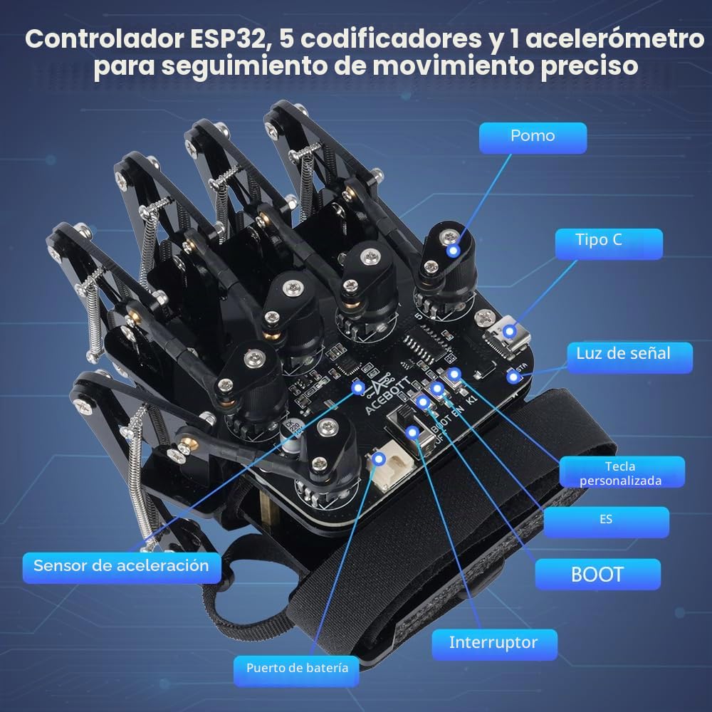 Guante inalámbrico ESP32 con detección de movimiento, compatible con Arduino, ACECode y Python, kit de robot DIY, mano mecánica, juguete STEM, brazo de cinco dedos para codificación, kit de robot