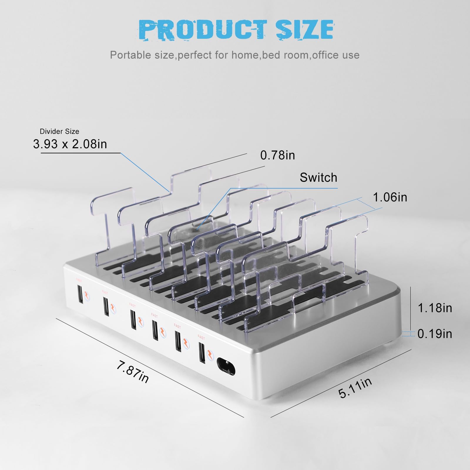 Estación de carga para múltiples dispositivos, cargador rápido USB de 6 puertos con 6 cables mixtos, base de carga multidispositivo para iPhone, iPad, teléfonos Android, tabletas, Kindle (plateado