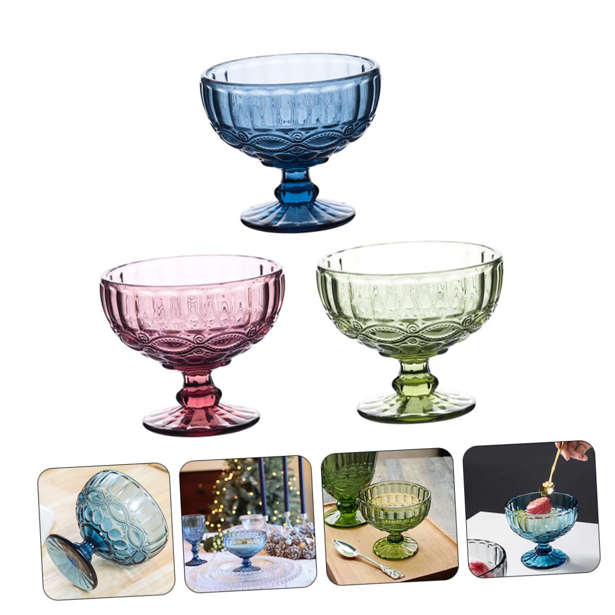 DECHOUS Transparente Eisbecher und Sicher aus Glas 3 Stück Hitzebeständig mit Elegantem Blumenmuster für Festliche Anlässe und Restaurants