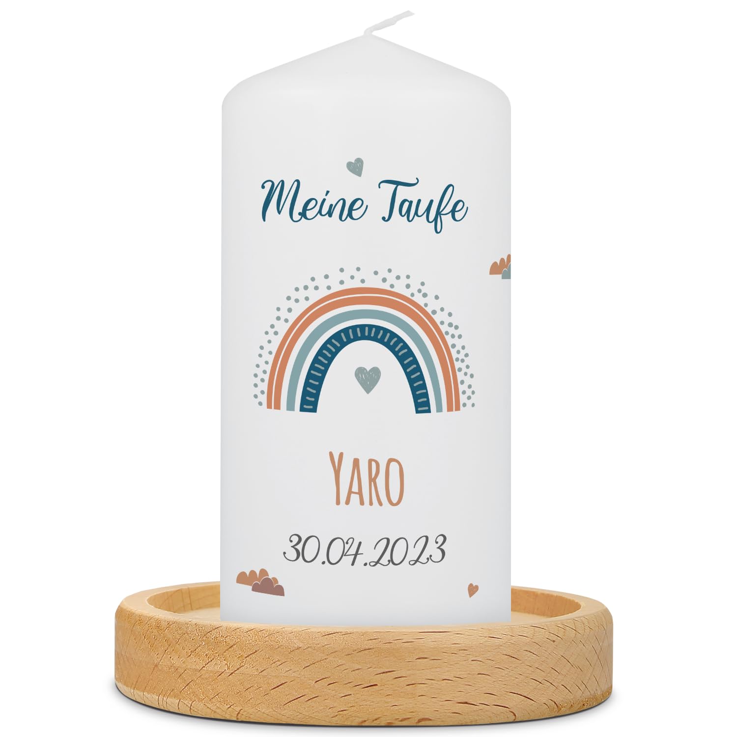 GRAVURZEILE Bedruckte Kleine Kerze - Taufkerze Regenbogen - Personalisiert mit Name Datum & Wunschtext - brilliant bedruckte Kerze - Geschenk für Mädchen & Jungen zur Taufe - Farbe: Blau