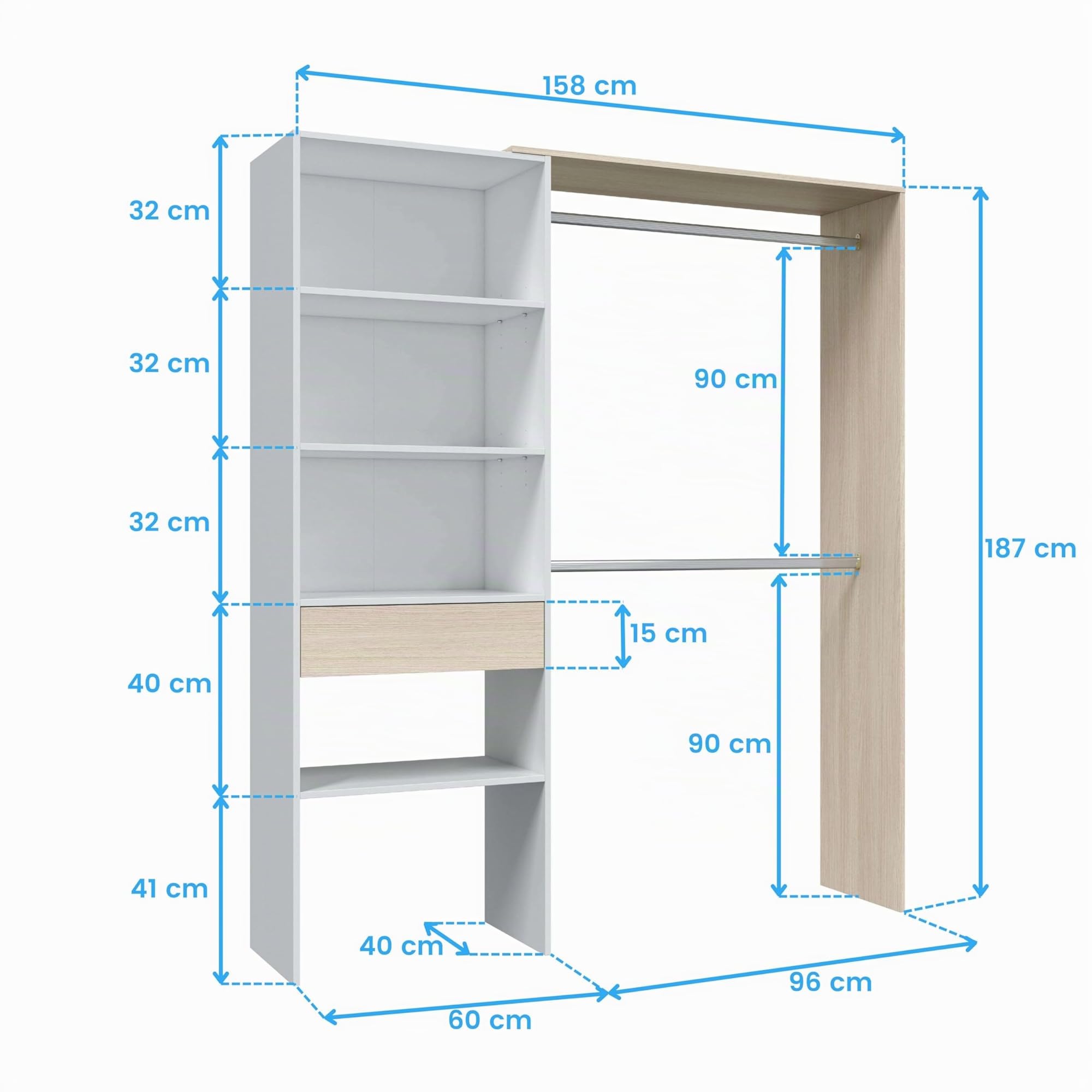 Habitdesign Cabina armadio, armadio 2 bar, 4 ripiani e 1 cassetto, spogliatoio reversibile, finitura bianca Artik e rovere, dimensioni: 158 cm (larghezza) x 187 cm (altezza) x 40 cm (profondità)