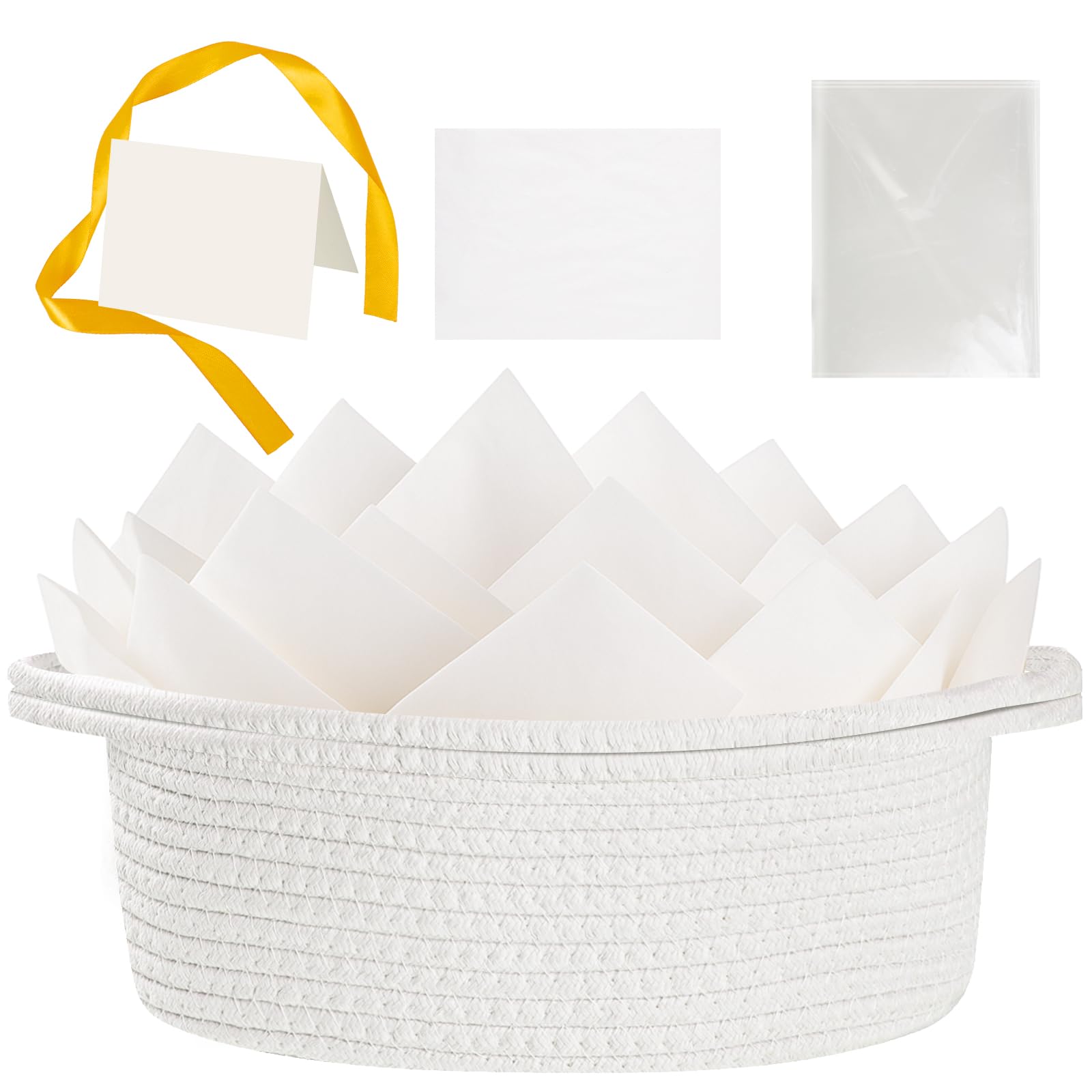 woric Gift Basket Empty, 30*20*13cm Gift Hamper Basket Small Woven Basket with Gift Bag, Greeting Card, Ribbon & Tissue Paper Cotton Rope Storage Basket for Gifts Baby Shower Birthday Wedding (White)