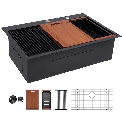 Sarlai 33 Matte Black Drop-In Kitchen Sink Workstation 33x22 Inch Drop Kitchen Sink with Ledge NANO-Tech Black Topmount 