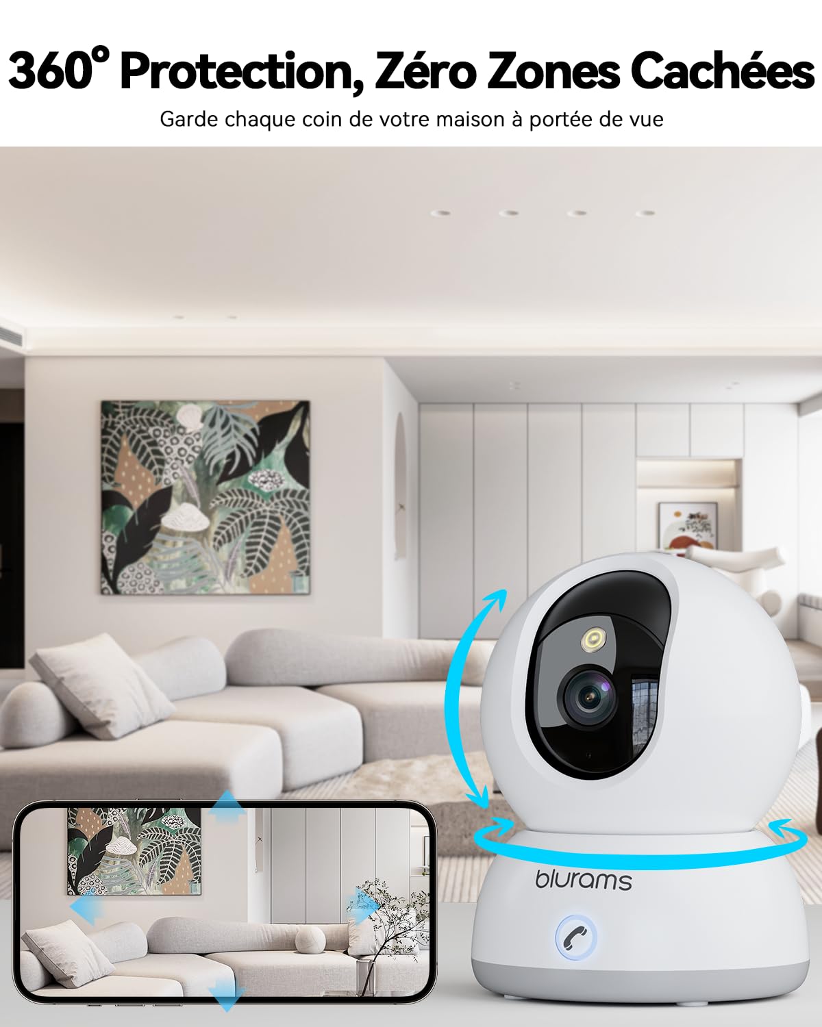 blurams Caméra Surveillance WiFi 4K, Caméra de Surveillance 8MP, Caméra Bébé Intérieure, Appel en Une Touche, Vision Nocturne en Couleur, Caméra Intérieure sans Fil, WiFi 5GHz/2,4GHz, Blanc