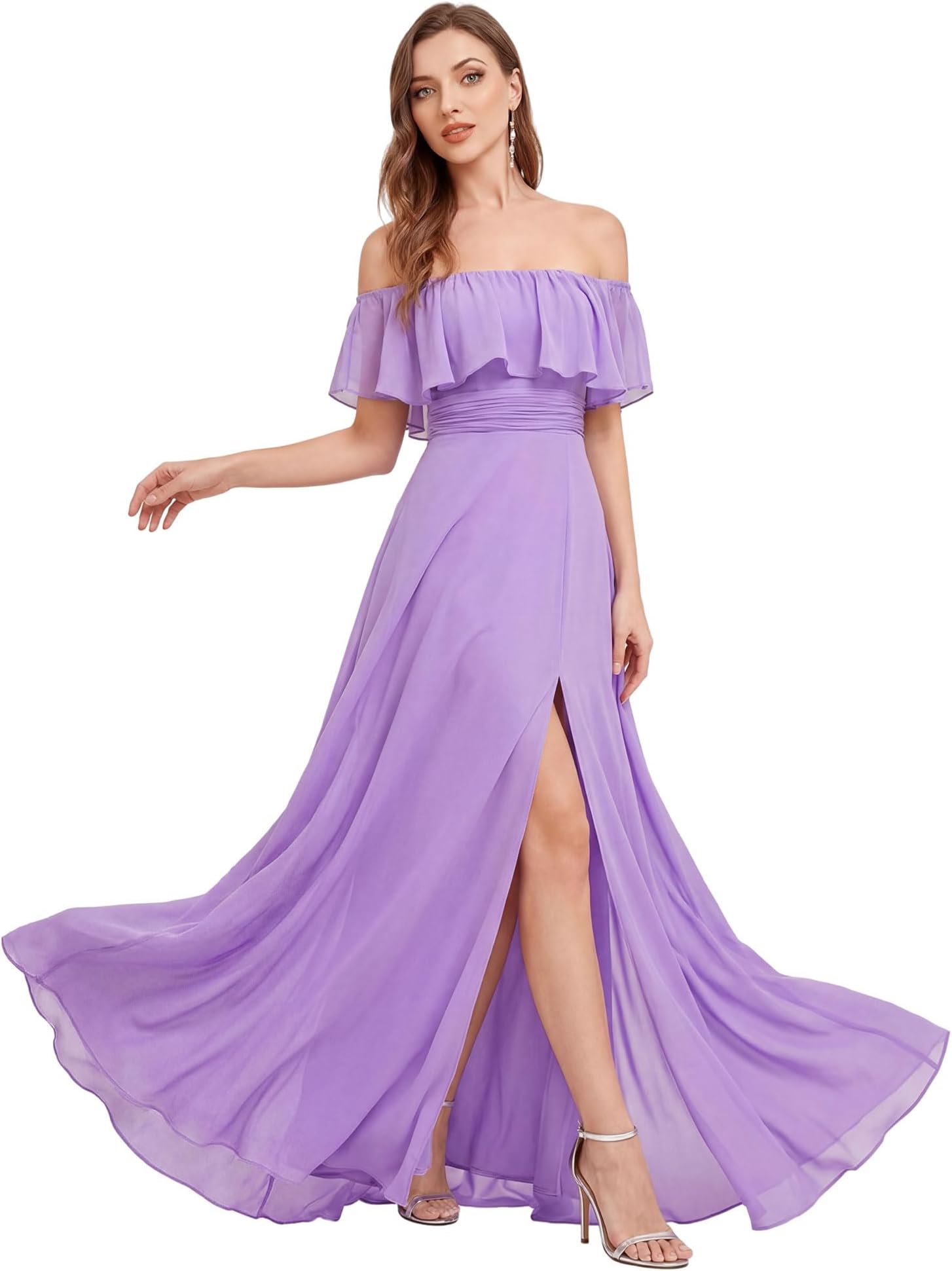 Women's Summer Off The Shoulder Flowy Chiffon Formal Wedding Guest Dresses Maxi Side Split Bridesmaid Dress 0968