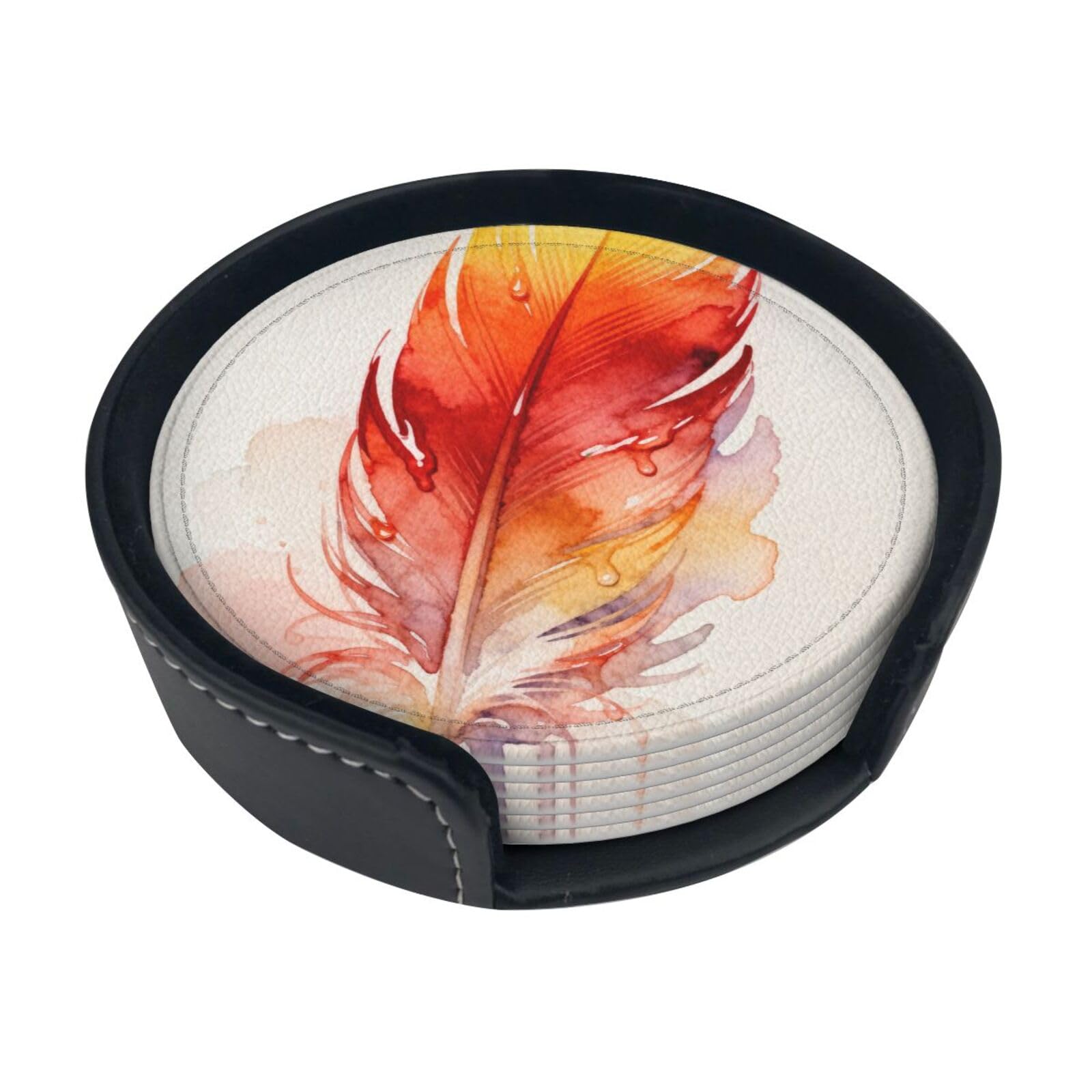 Cntdbu White Phoenix Feathers Leather Coasters Set Of 6-Pu Leather Drink Mats For Table, Heat Resistant Round Coasters With Holder