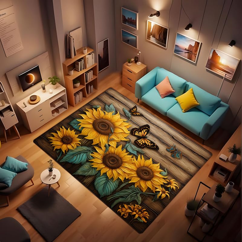 Area Rug,Butterfly Sunflower on Wooden Board Non Slip Mat Area Rug Runners Floor Carpet for Kitchen Bedroom Living Room Children's Room Decoration,