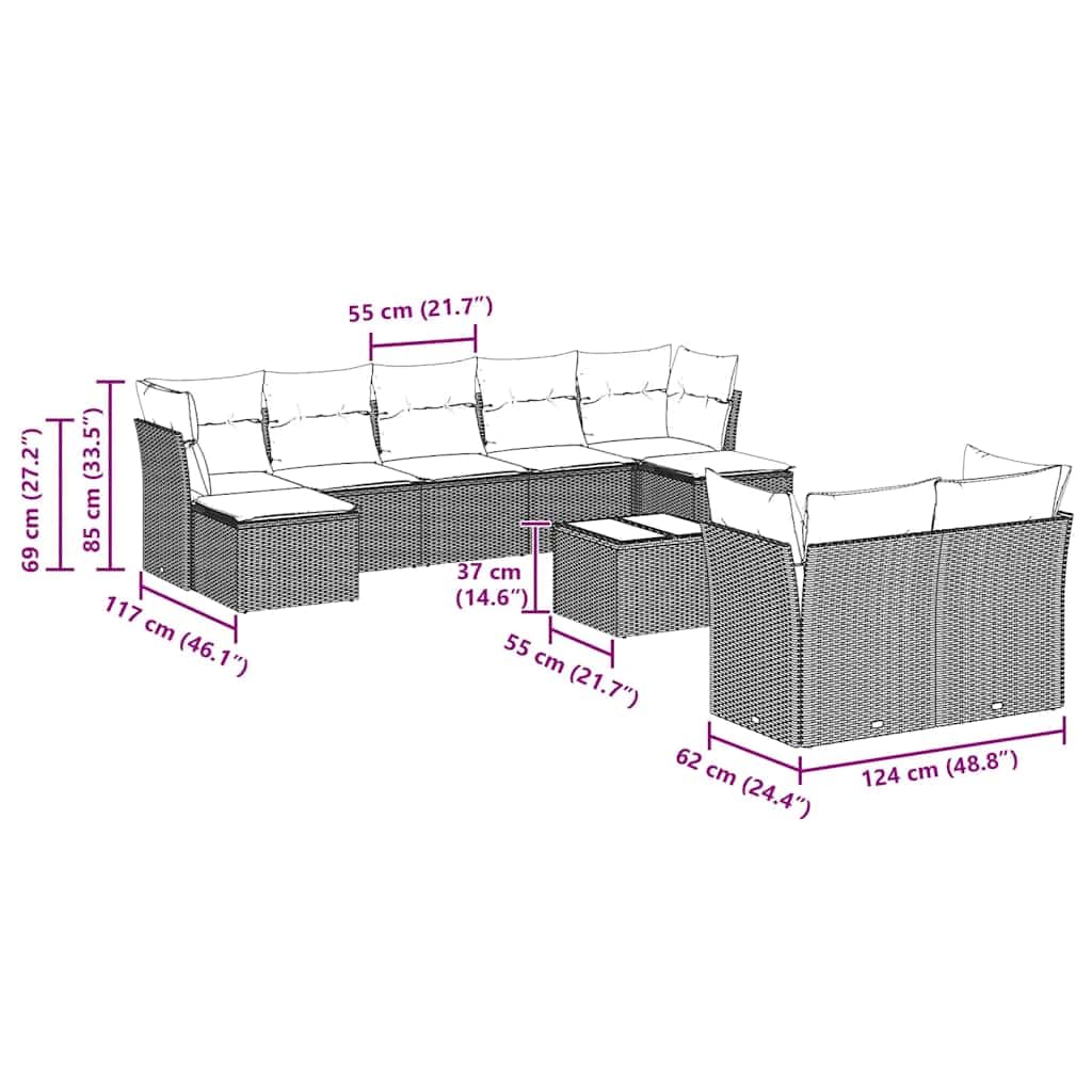 Pleciony rattan PE na taras i patio zestaw z poduszkami szary