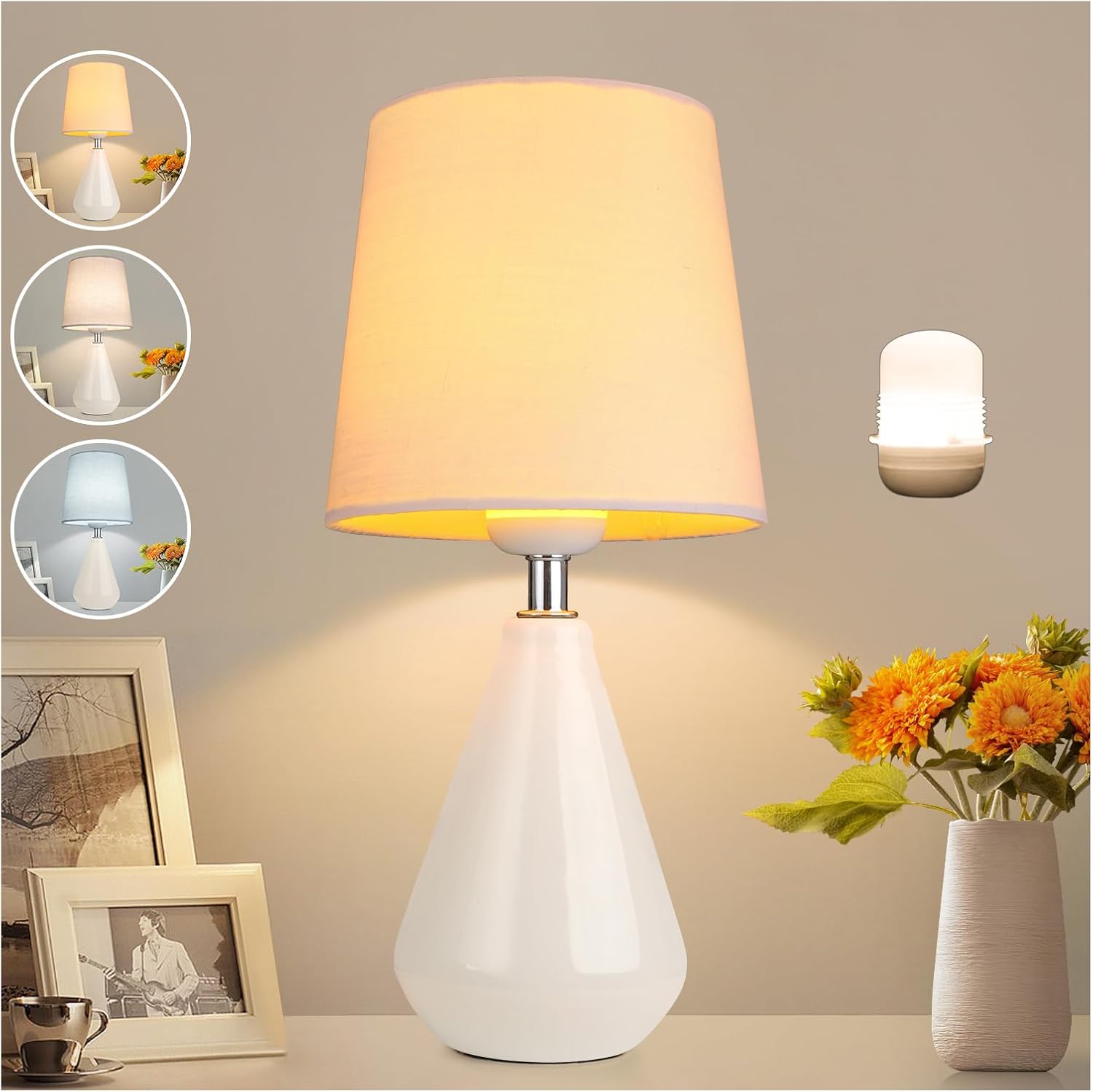 Small Bedside Table Lamp for Bedroom - Reading Desk Lamps with 3 Way Dimmable Touch,12" Nightstand Ceramic Lamp with Fabric Shade for Kids Room,Living Room,Dorm,Home Office (White) Milky Whi