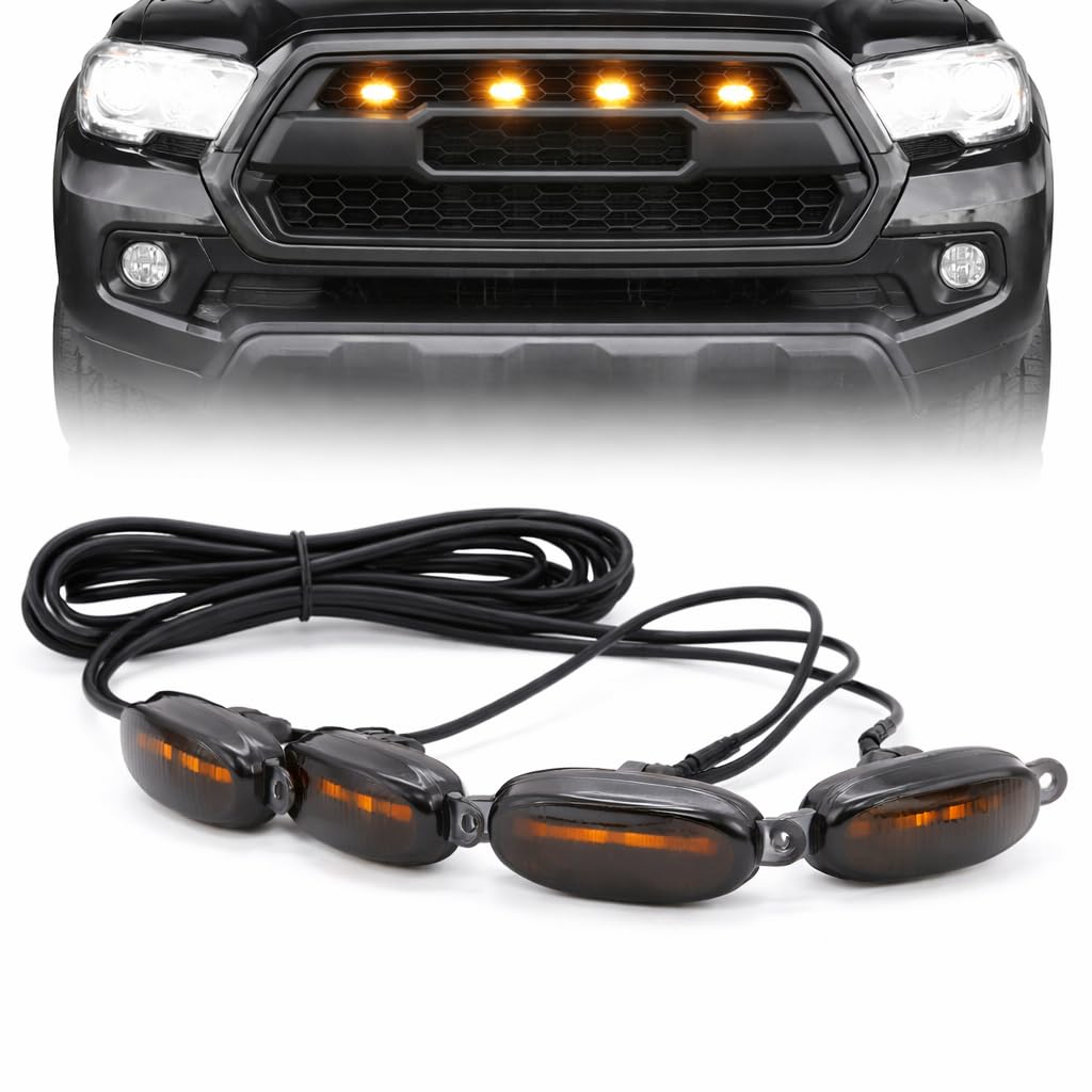 CCE 4 Pc Grill Light Waterproof Car Led Grille Amber Lights Orange Lens Ultra Bright Raptor Style Grill Light Universal for Car (Yellow)-image-29
