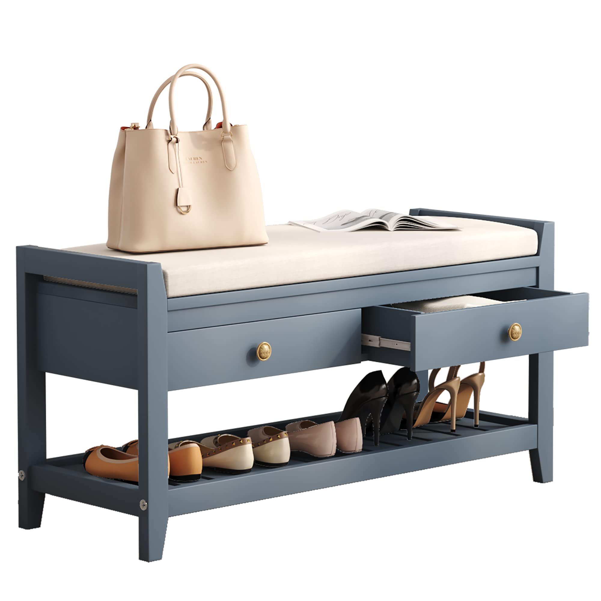 HOMEFORT Shoe Storage Bench with Cushioned Seat, Entryway Bench with Storage, Wooden End of Bed Bench, Shoe Cabinet Bench with 2 Drawers and Storage Shelf, for Bedroom, Hallway, Living Room, Blue