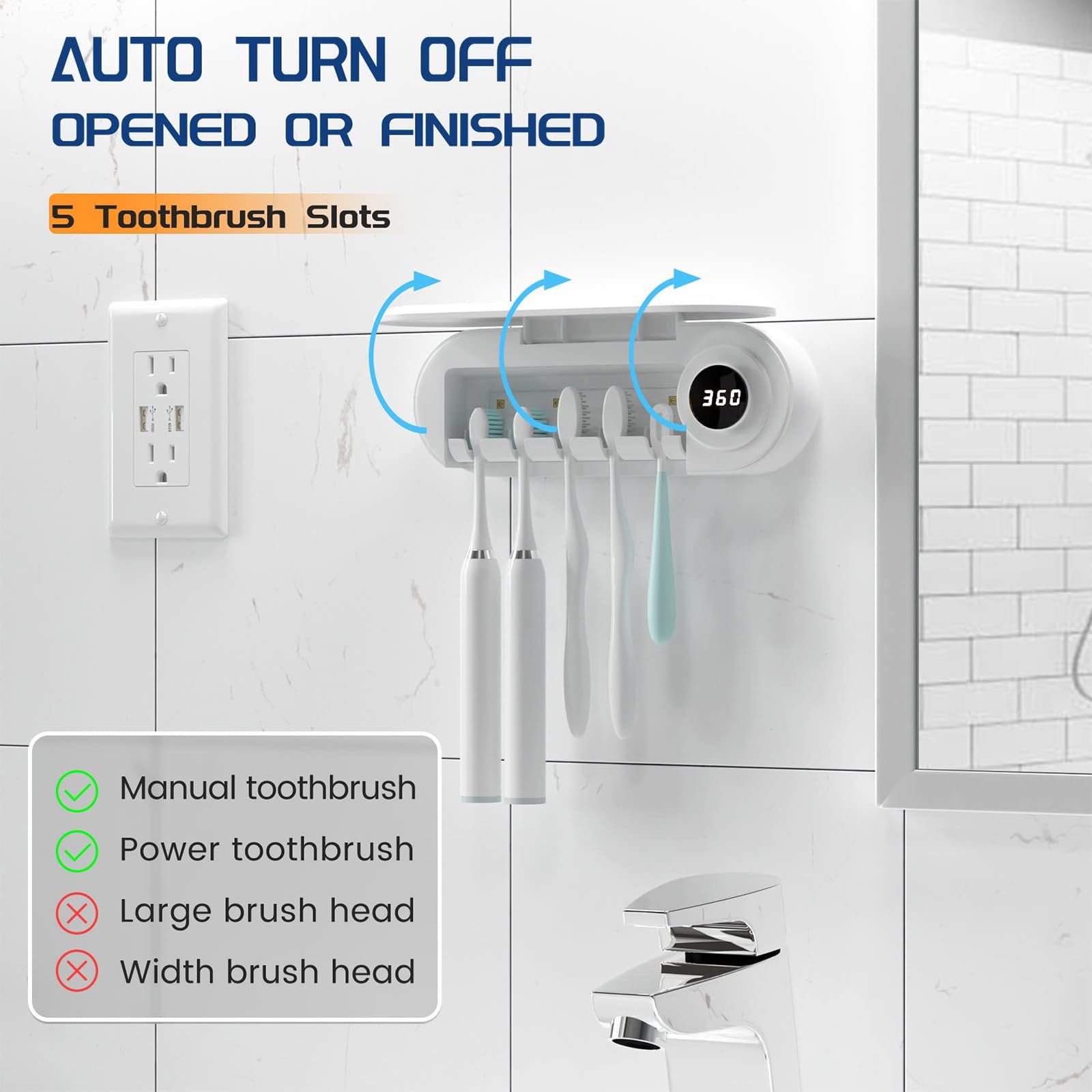 Esterilizador de cepillos de Dientes - Esterilizador y Soporte para cepillos de Dientes UV - 5 bandejas para cepillos de Dientes - Montado en la Pared inalámbrico