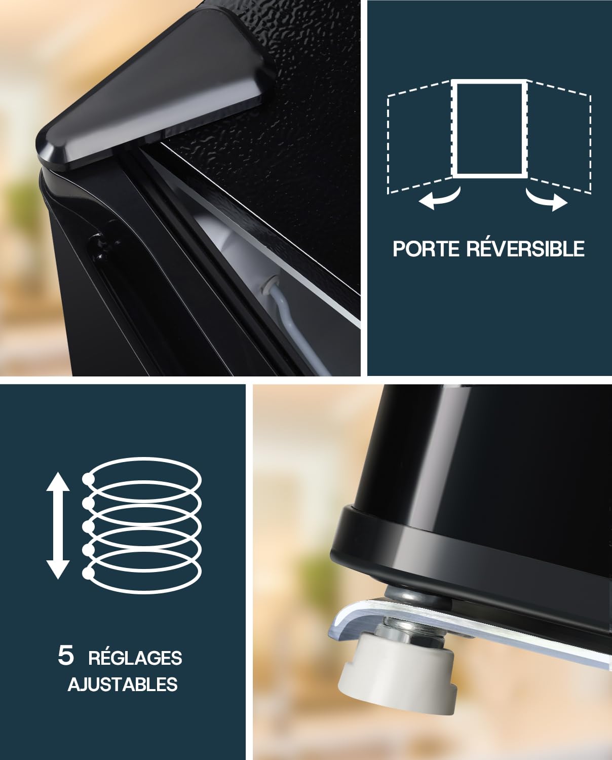 Upstreman Mini Réfrigérateur 46L avec Congélateur, Thermostat Réglable, Porte Réversible, Noir Brillant