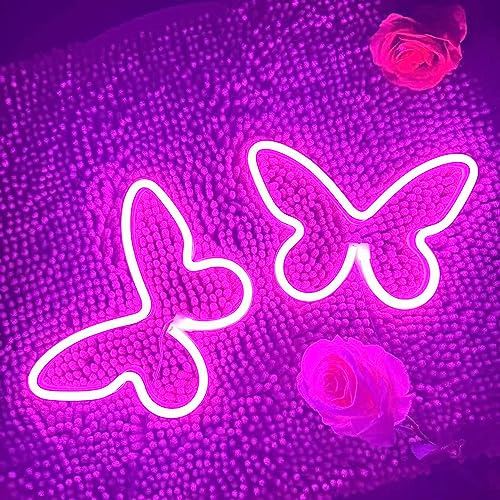 バタフライLEDネオンサイン、2個ピンクバタフライネオンライト、USBまたは電池式バタフライアートライト、壁の装飾、十代の女の子の寝室、誕生日パーティー、バタフライライト、女の子へのギフトに最適