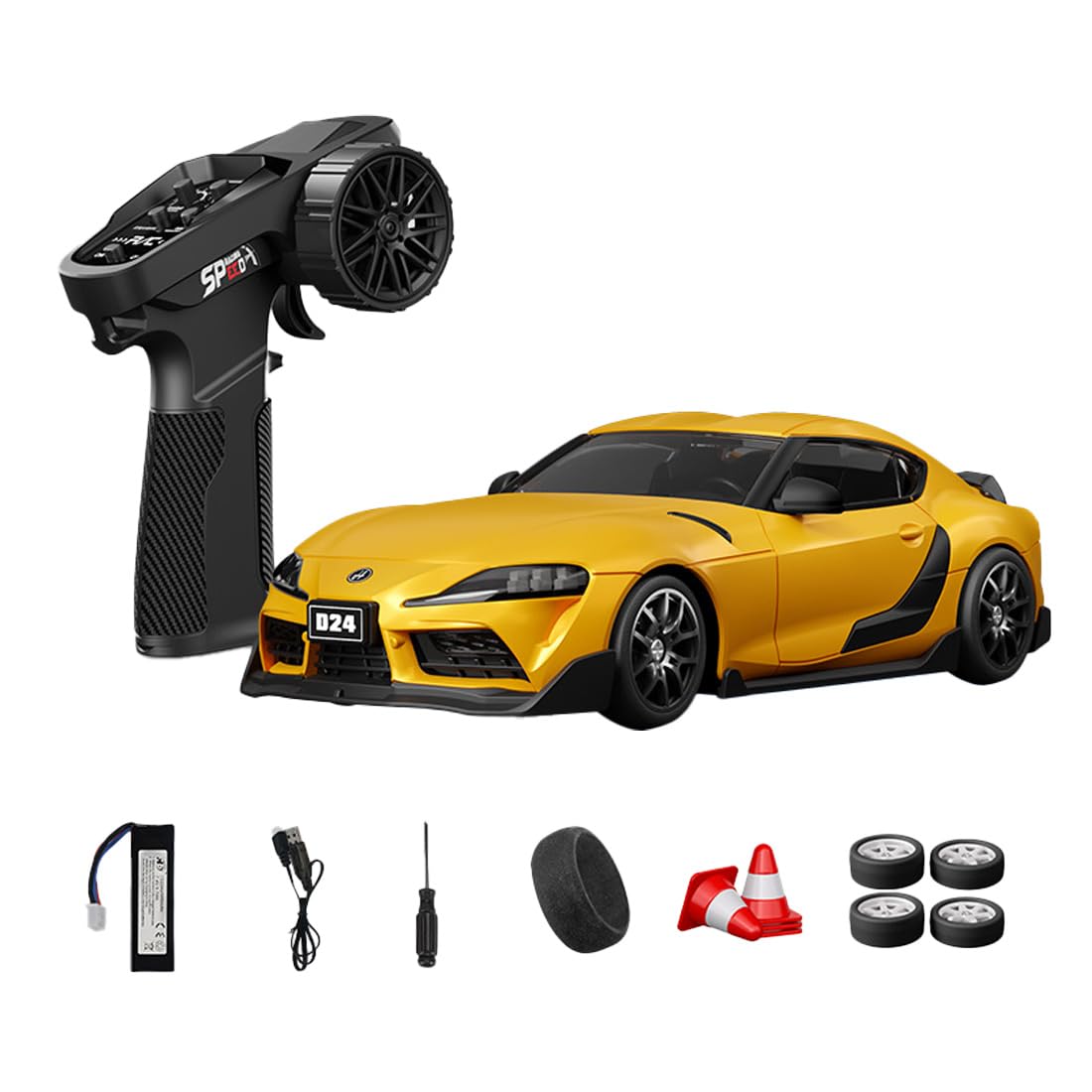 NULA 1:24 RC Drift Car, D24 RTR Full Proportional 4WD High Speed Remote Control Car with Gyro, Dual Drift Racing Tires, LED Light Effects for Adults- (Q3 Racing Yellow / D24-01)