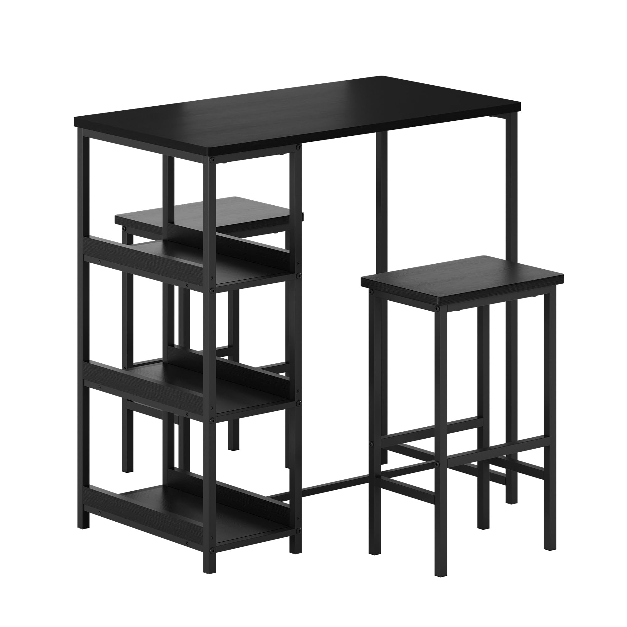 3-teiliges Esszimmer-Set – Moderner Esstisch mit Metallgestell & Holzoptik, 2 Barhockern, Ablagefächern, platzsparend für Küche, einfache Montage, Schwarz, Black Tube + Black Wood Grain