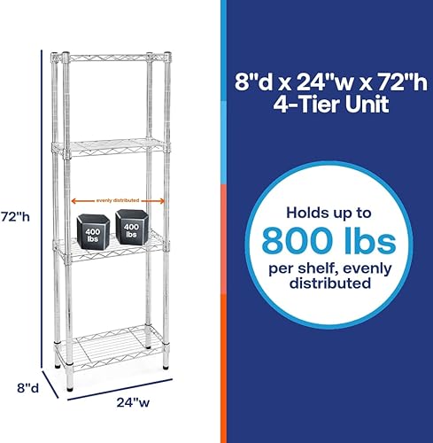 Miniatura 9 de Shelving Inc. Estantería de alambre cromado de 8 pulgadas de profundidad x 24 pulgadas de ancho x 64 pulgadas de alto con estantes de 4 niveles