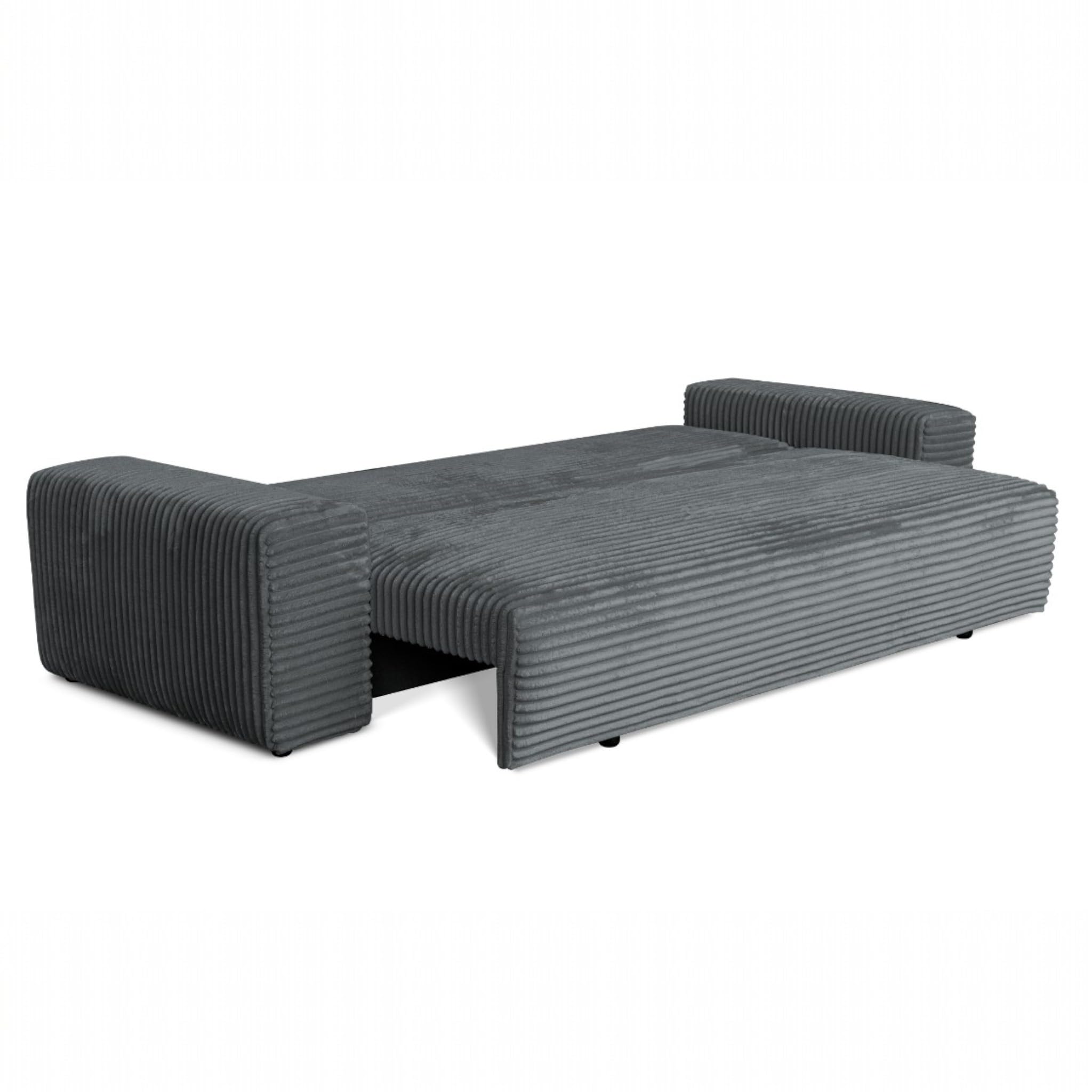 Cordo Schlafsofa 265×150 cm mit Bettkasten – Cord Sofa TILIA Breitcord, SoftTouch Komfort, 3-Sitzer Couch, abnehmbare Kissen, Easy Clean & Pet Friendly (Grau)