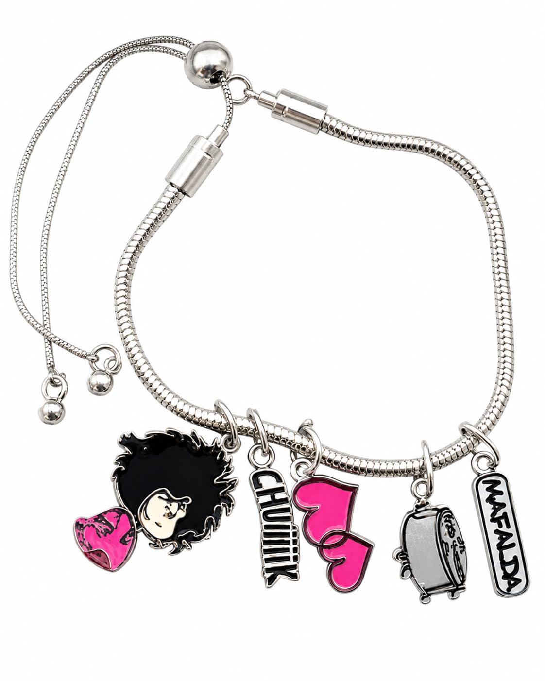 Pulsera con Charms Mafalda Despeinada - Licencia Oficial Quino, Rosa, Acero Inoxidable, Estilo Serpiente, Talla Única