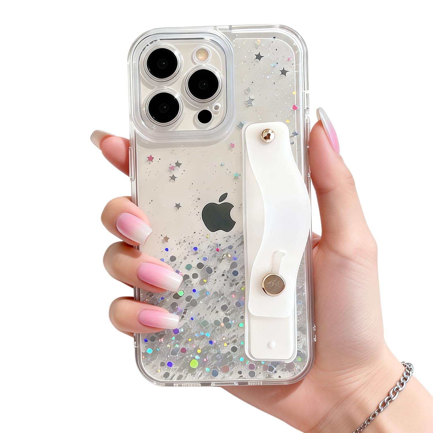 siduater Strap Holder Case for 6.1" iPhone 15 Pro with Wristband Kickstand, Bling Glitter Sparkle Clear Cover Soft TPU Bumper Adjustable Hand Grip