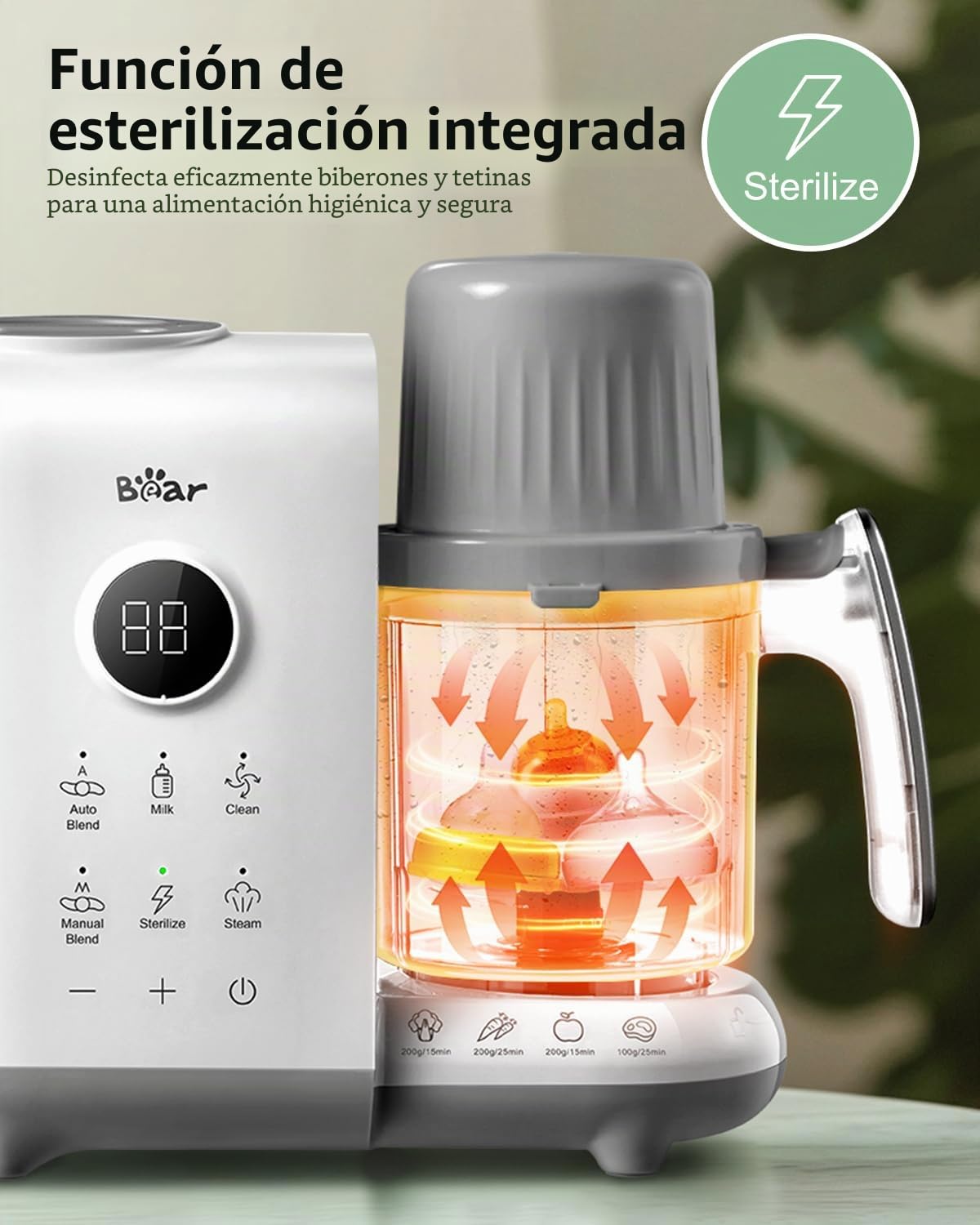 Bear Vaporera 6 en 1 con batidora premium para alimentos para bebés, vapor, agitación automática, calentamiento de leche, desinfección, función de autolimpieza, función de limpieza automática (Blanco)