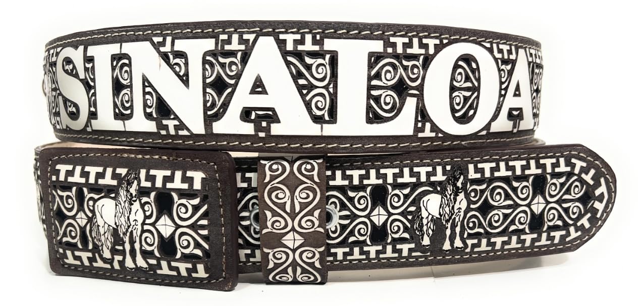 Men's Laser Cut Sinaloa Western Belt, Charro Saddle Cinto Charro Vaquero Sinaloa