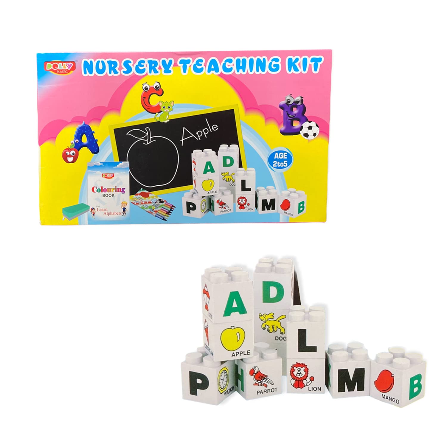 Veer Enterprises Dolly Nursery Teaching Kit, Play Blocks With Alphabets, Numbers & Pictures, Fast Learning Abc & 123 Board Game For Kids, Multicolor