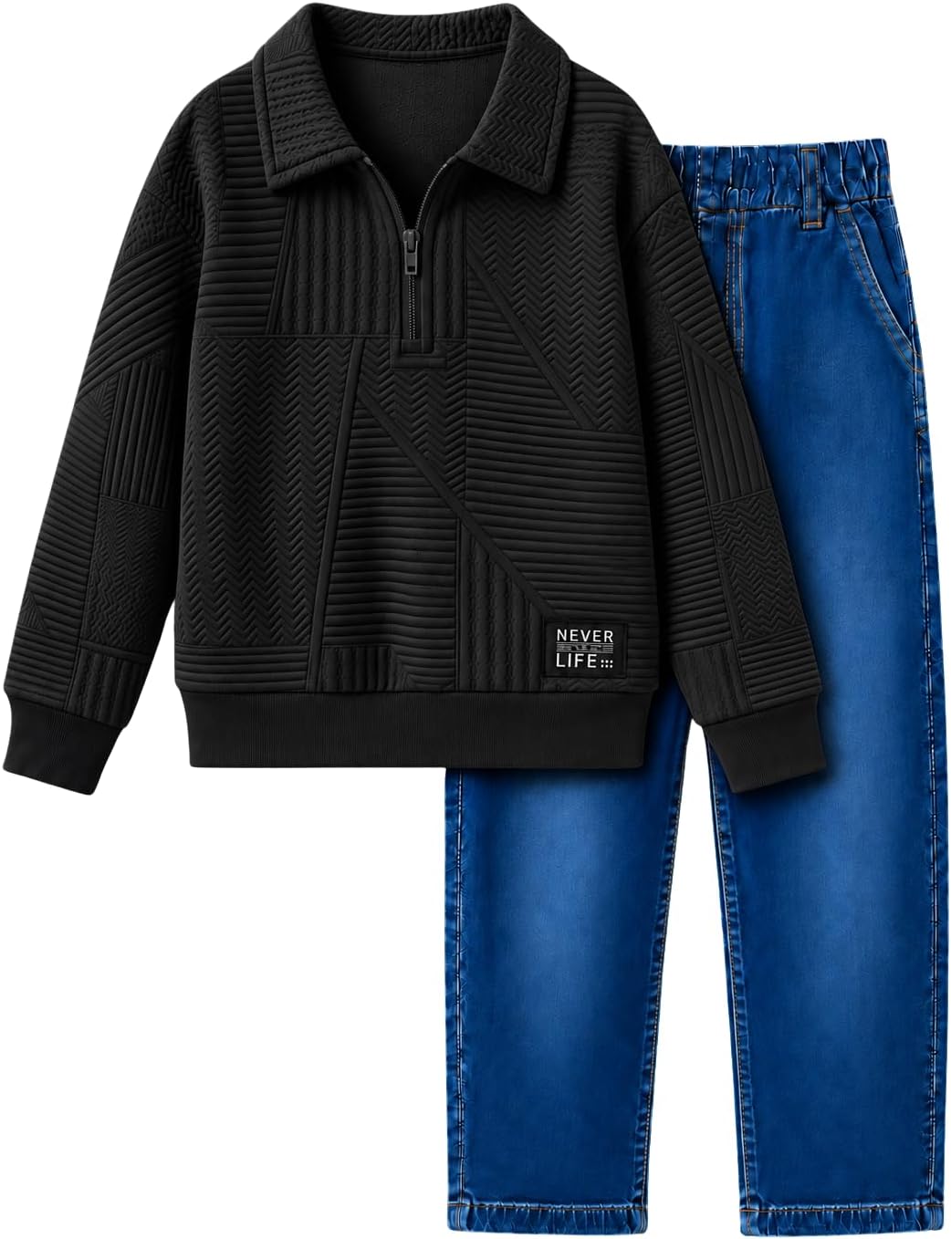 Boy Outfits Long Sleeve Half-zip Solid Sweatsuits Tops and Jean Pants Fall Winter Clothing Set Sizes 7-14 Years