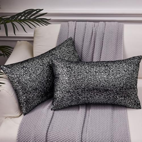 EUCIOR Housses de coussin carrées décoratives douces et scintillantes pour canapé, noir et...