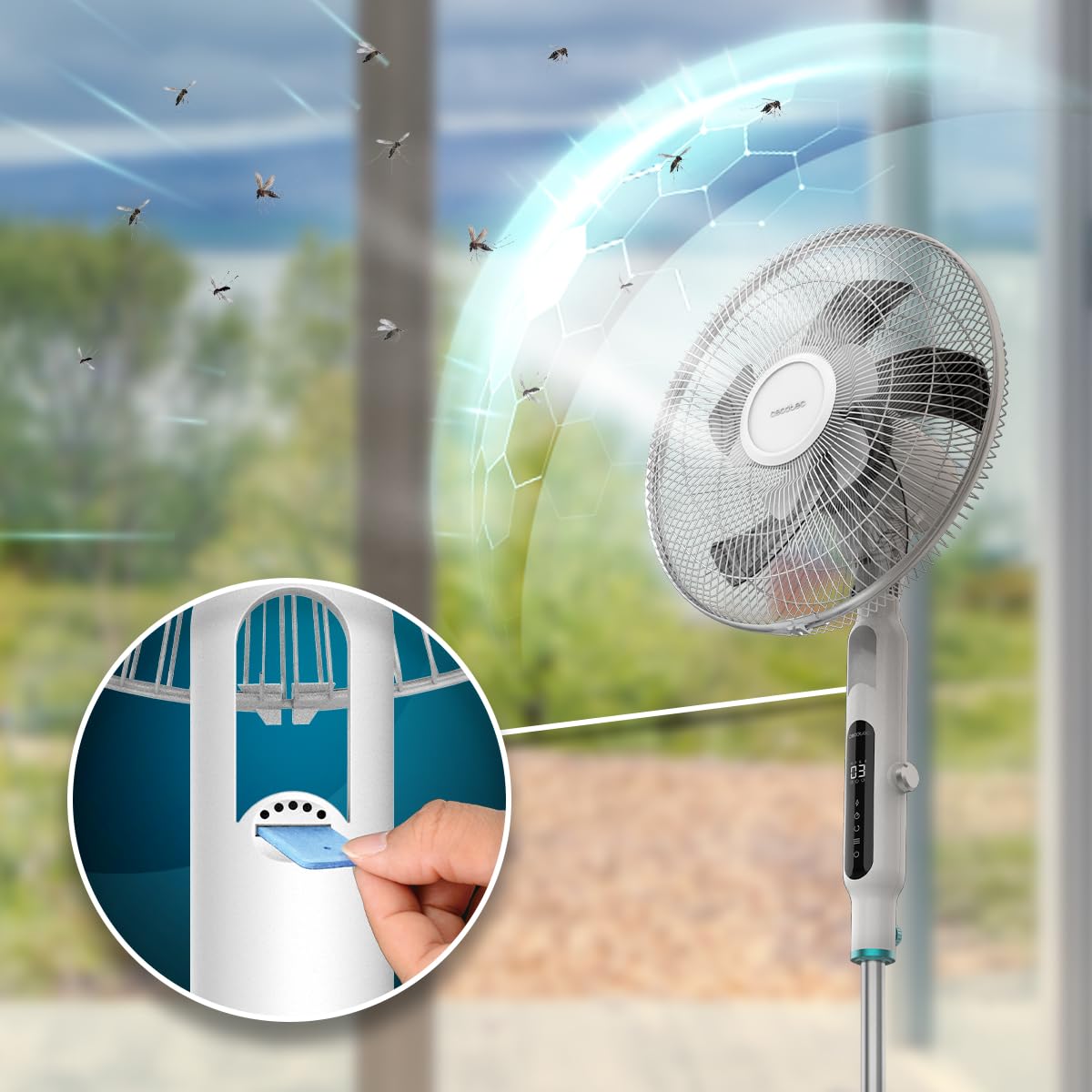 Cecotec Ventilatore da terra con telecomando EnergySilence 1600 Moskito, 65 W, funzione repellente per zanzare, timer, controllo touch, display LED, 10 velocità e 3 modalità, Bianco